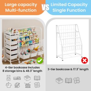 EXPERLAM Kids Bookshelf with Toy Storage Organizer, 48 Inch Large Metal Kids Book Rack with 8 Toy Storage Bins, 2-in-1 Toy and Book Organizer with Wheels, Book Shelf for Kids Room, Nursery, Playroom