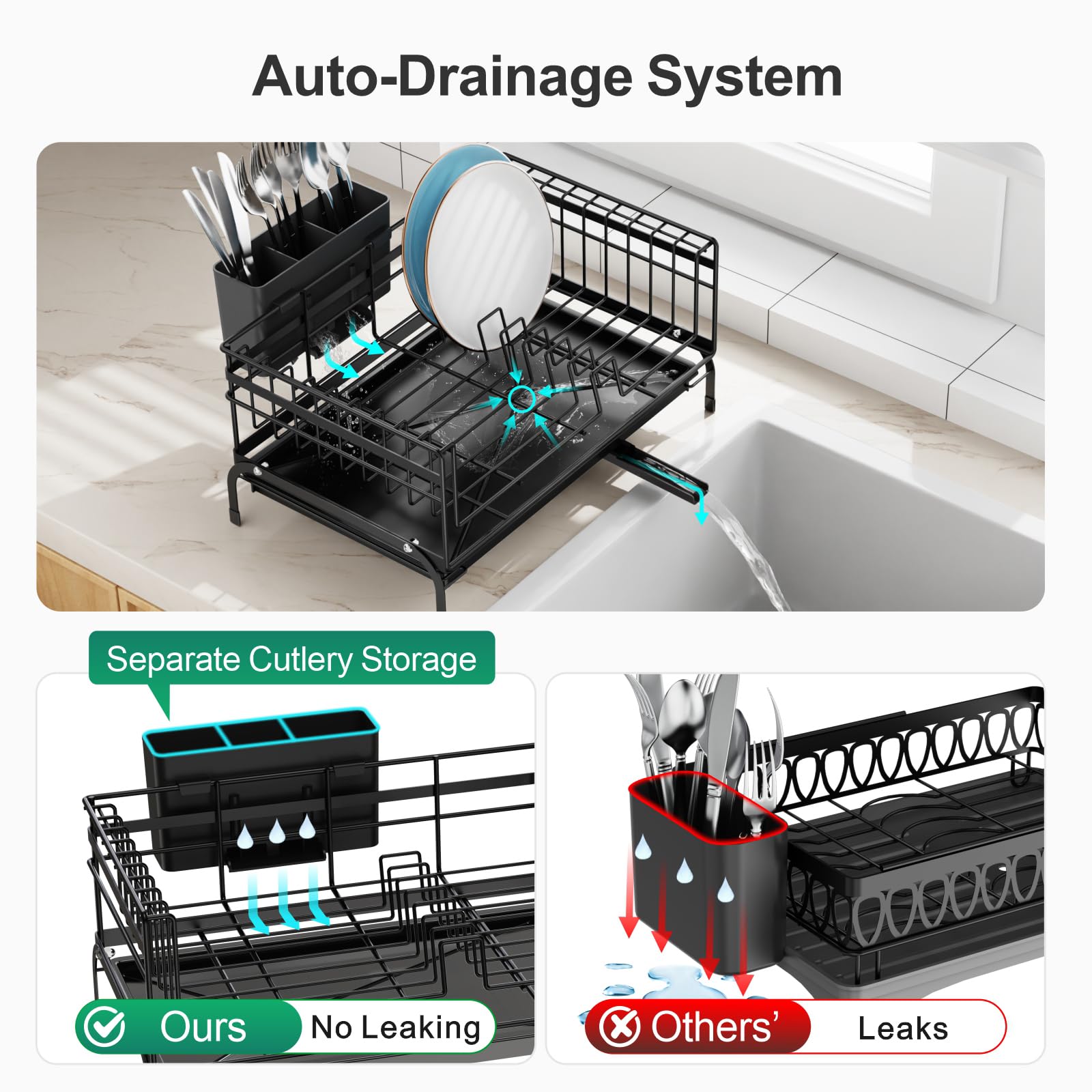 GSlife Expandable Dish Drying Rack with Drainboard - Anti-Rust 2-in-1 Sink Dish Racks for Kitchen Counter and Sink, Dish Drainer with Pan Slot and Utensil Holder for RV and Apartment, Black