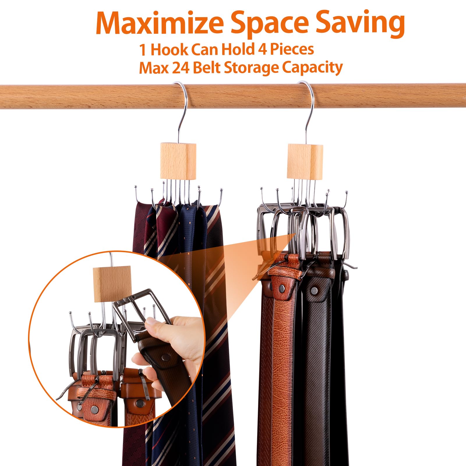 ELONG HOME Belt Organizer, Wooden Block Belt Hanger Closet Organizers and Storage, Belt Rack with 6 Hooks, 2 Pack Tie Hangers