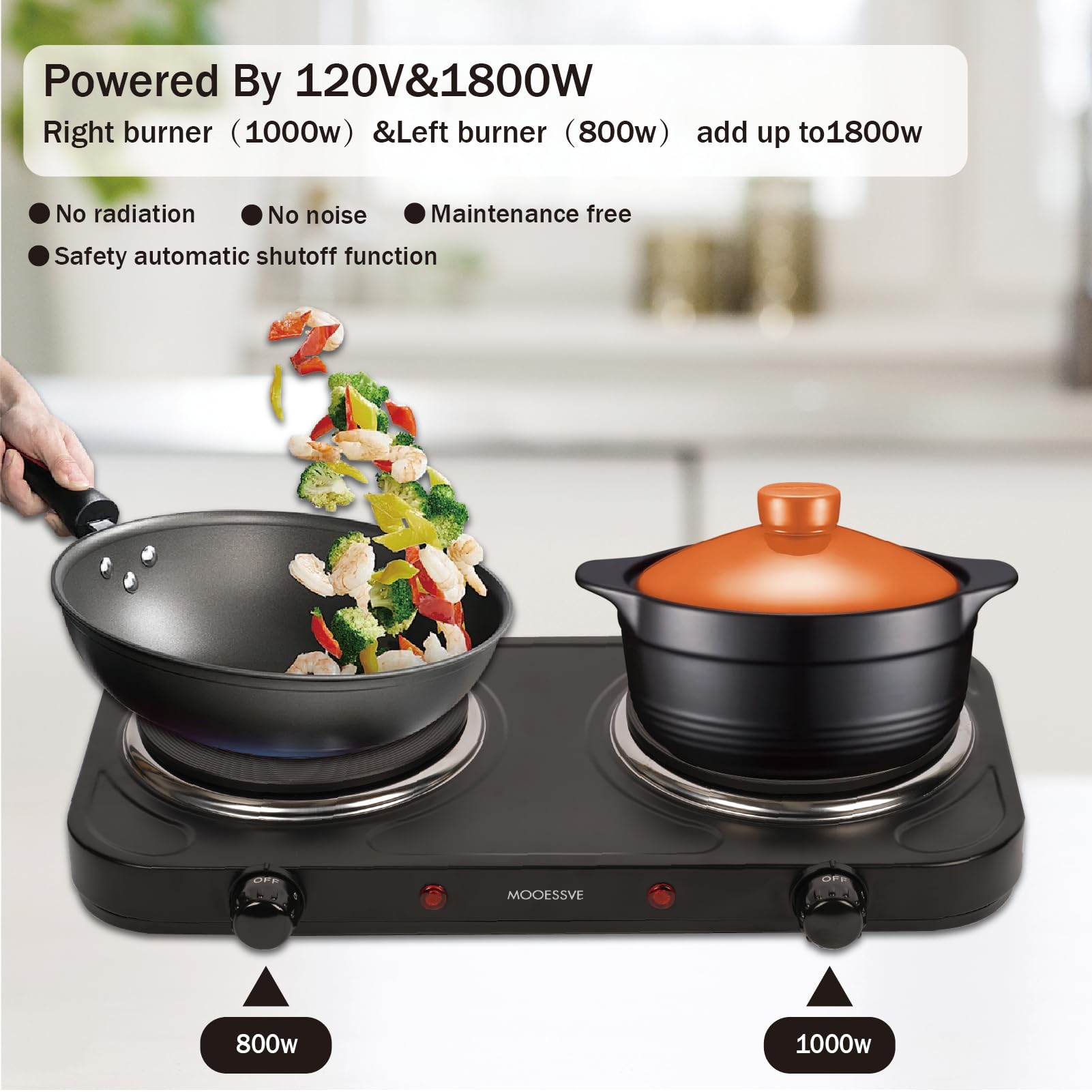 Countertop Double Cast Iron Burner 1800 Watts Electric Hot Plate with Adjustable Temperature 6.1" Cooktop for Dorm,Office,Home,Camp,Compatible for All Cookwares