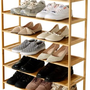 KJDFHNB 6 Tier Bamboo Shoe Rack for Closet, Free Standing Shoe Racks, Stackable Shoes Rack Organizer, Bamboo Wood Shoe Rack for Entryway and Closet Hallway (27.5" x 9.25" x 40.3")