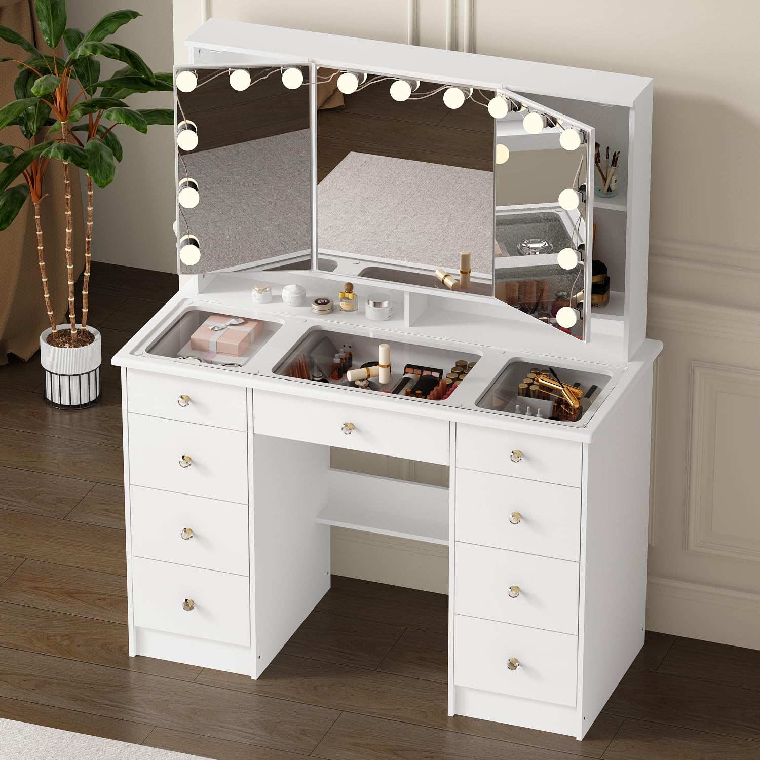 ROMSHINE Large Vanity Desk with Trifold Mirrors & Hollywood Bulbs, 43.3" W Glass Top Makeup Vanity with Lights in 3 Color Modes & Brightness Adjustable, Makeup Desk with 9 Drawers for Storage, White