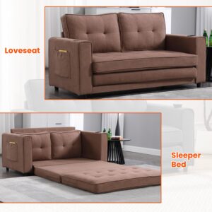 Cyranture Pull Out Sleeper Loveseat Foldable Tufted 3-in-1 Upholstered Futon Sofa Bed for Living Room Convertible Floor Couch Folding Mattres Love Seat with Side Pockets Cup Holder,Brown