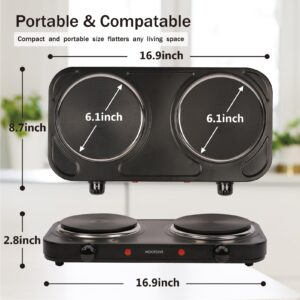 Countertop Double Cast Iron Burner 1800 Watts Electric Hot Plate with Adjustable Temperature 6.1" Cooktop for Dorm,Office,Home,Camp,Compatible for All Cookwares