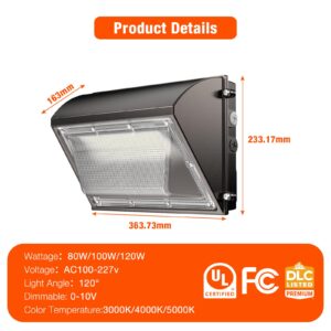 LED Wall Pack Light 120W/100W/80W Selectable(18000LM), 100-277v Dusk to Dawn with Photocell, 3000K/4000K/5000K Switchable, IP65 Waterproof Wall Mount Outdoor Light for Stadium,Yard, Buildings, Parking