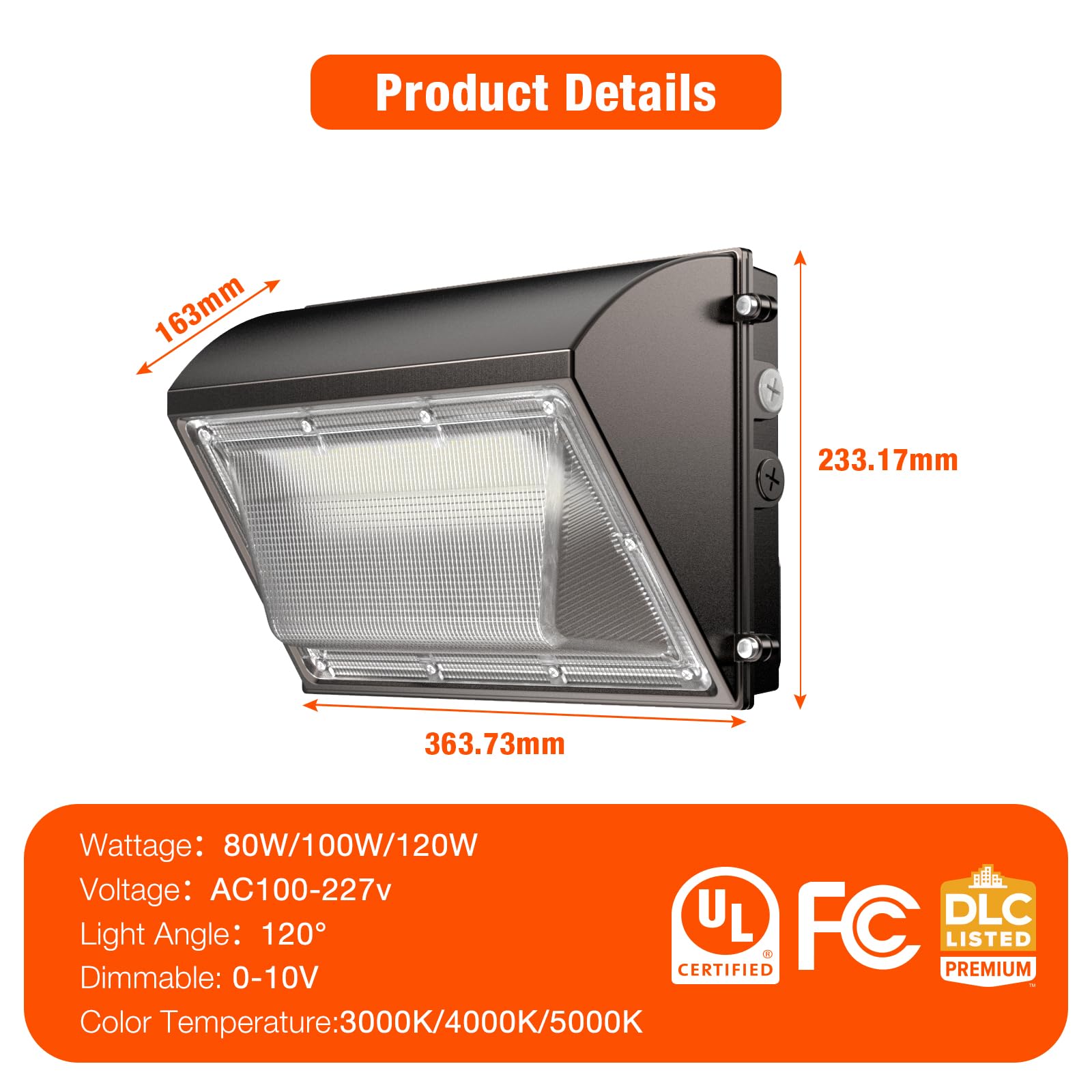 LED Wall Pack Light 120W/100W/80W Selectable(18000LM), 100-277v Dusk to Dawn with Photocell, 3000K/4000K/5000K Switchable, IP65 Waterproof Wall Mount Outdoor Light for Stadium,Yard, Buildings, Parking