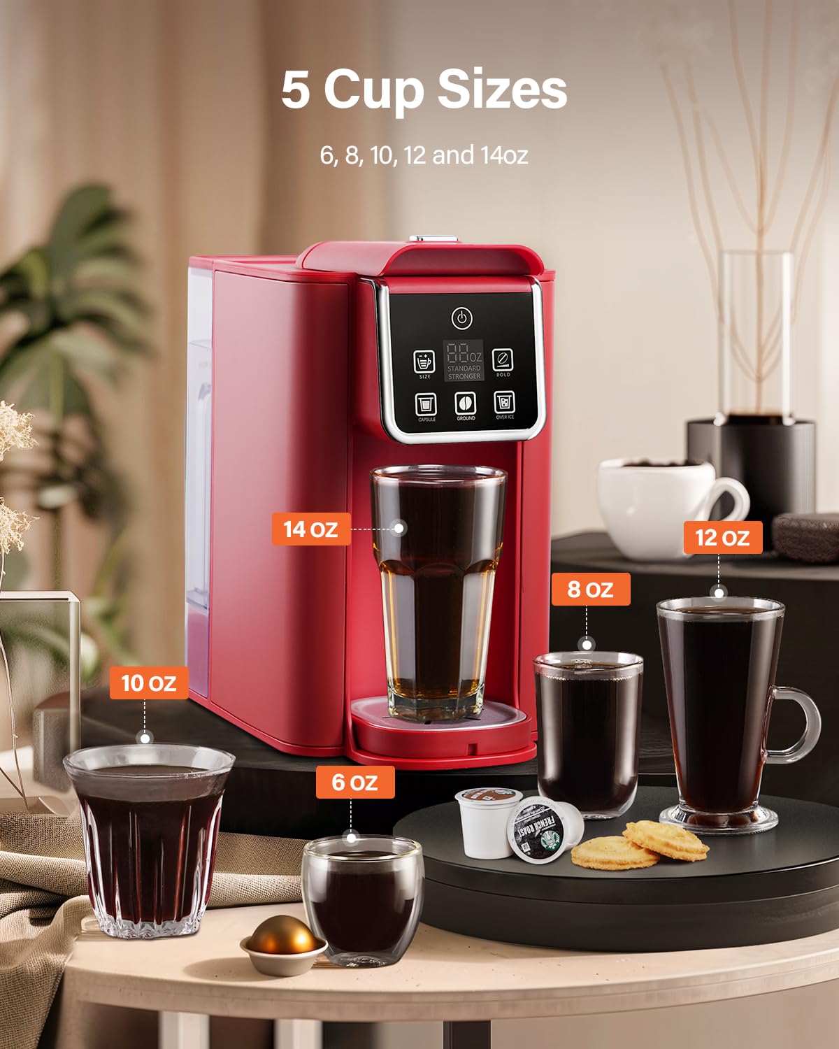 SHARDOR Single Serve Coffee Maker, Hot and Iced Coffee Machine for K Cup Pods & Ground Coffee, 6 to 14 Oz Brew Sizes, with 50 oz Large Water Tank, Removable Drip Tray, Stainless Steel, Red