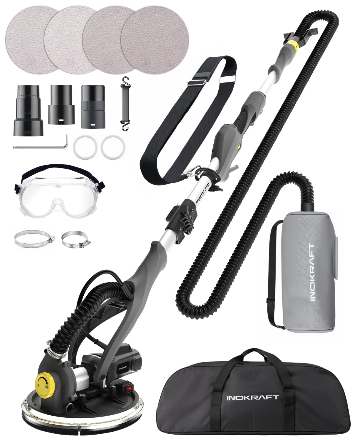 Drywall Sander with Vacuum Dust Collector, 820W DIY Popcorn Ceiling Removal Tool with Shoulder Strap, 600-1900RPM ETL Certified Electric Drywall Sander with 4 Vacuum Adapters, Aluminum Oxide Sandpaper