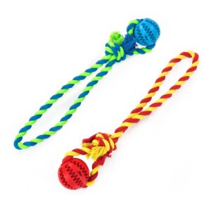 chiwava 2 pack 2" dog training ball on rope, rubber rope dog toys ball with handle for tug of war training rewards for small dogs