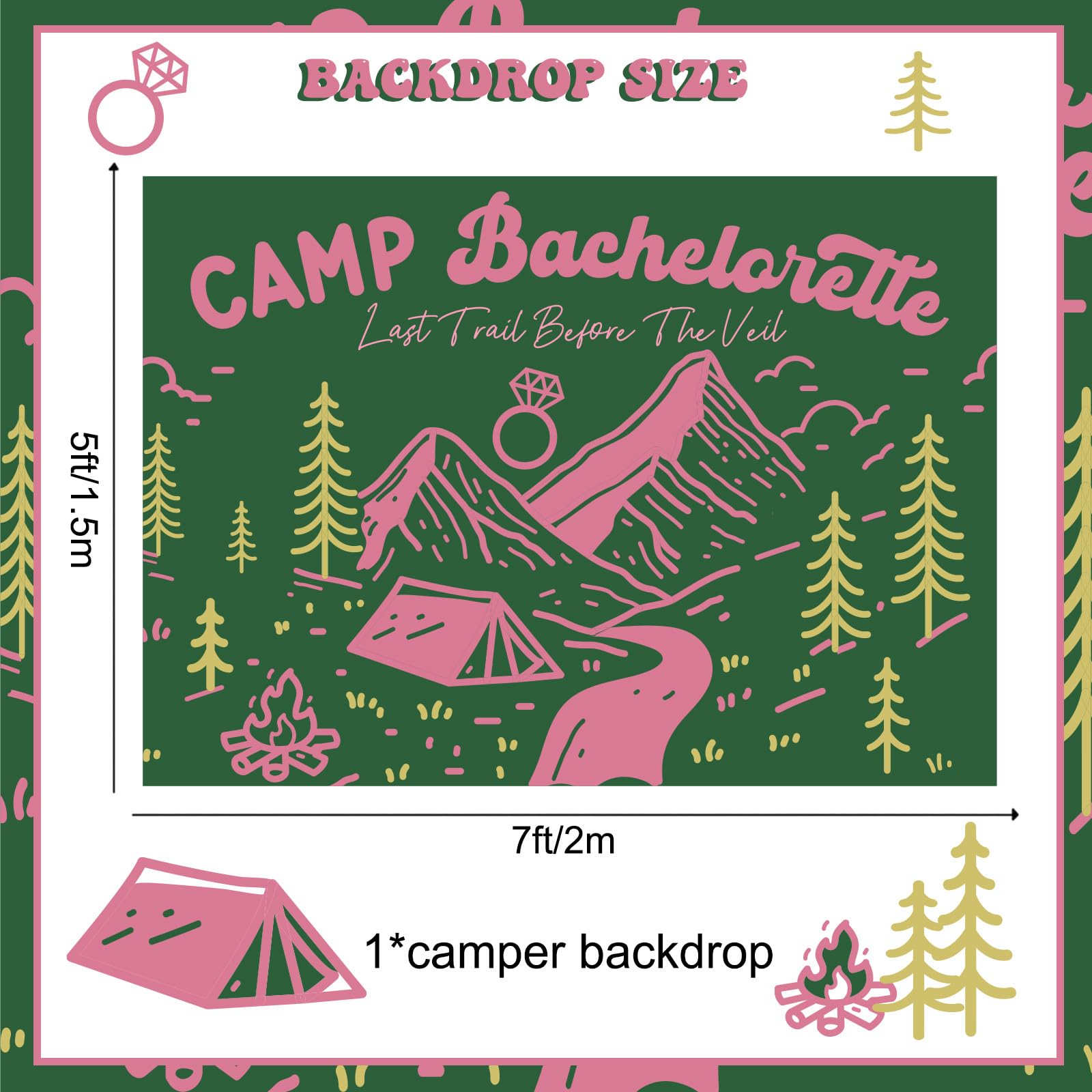 Camp Bachelorette Party Decor 7 * 5ft Pink Green Backdrop Last Trail Before The Veil Banner Hiking Camp Bachelorette Party Supplies Bachelorette Banner for Wedding Bridal Shower Bunting Party