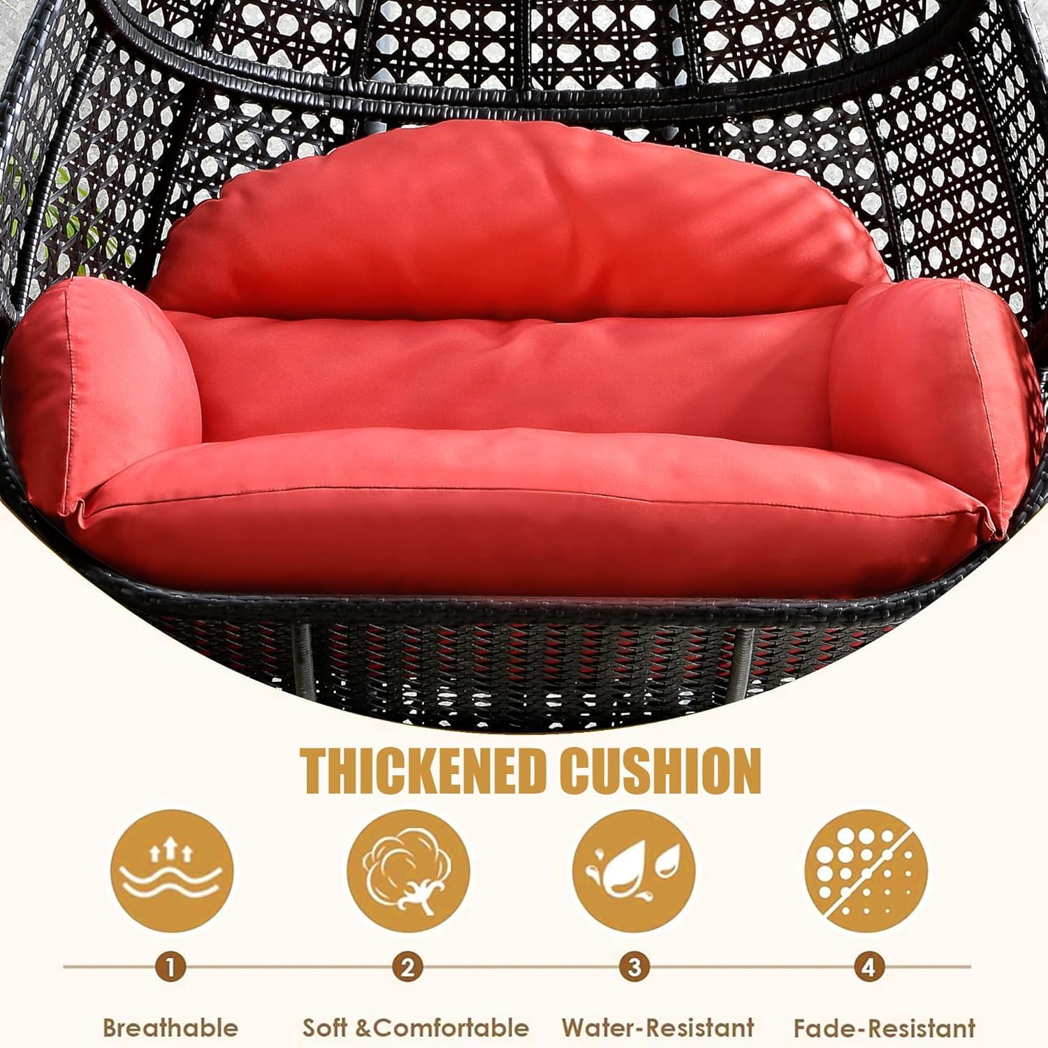 2 Person Hanging Egg Chair with Stand for Outdoor, Patio Rattan Wicker Double Egg Swing Chairs Hammock Chair with Cushion and Stand, Porch Swing Loveseat for Patio Bedroom Balcony (Red)