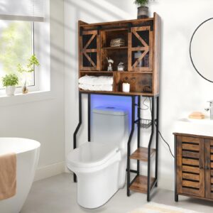 YANASO Over The Toilet Storage Cabinet, Storage Cabinet Over Toilet with 2 Barn Door and Toilet Paper Holder Stand,RGB Light Strip,Home Space-Saving Toilet Rack, for Bathroom, Restroom, Laundry