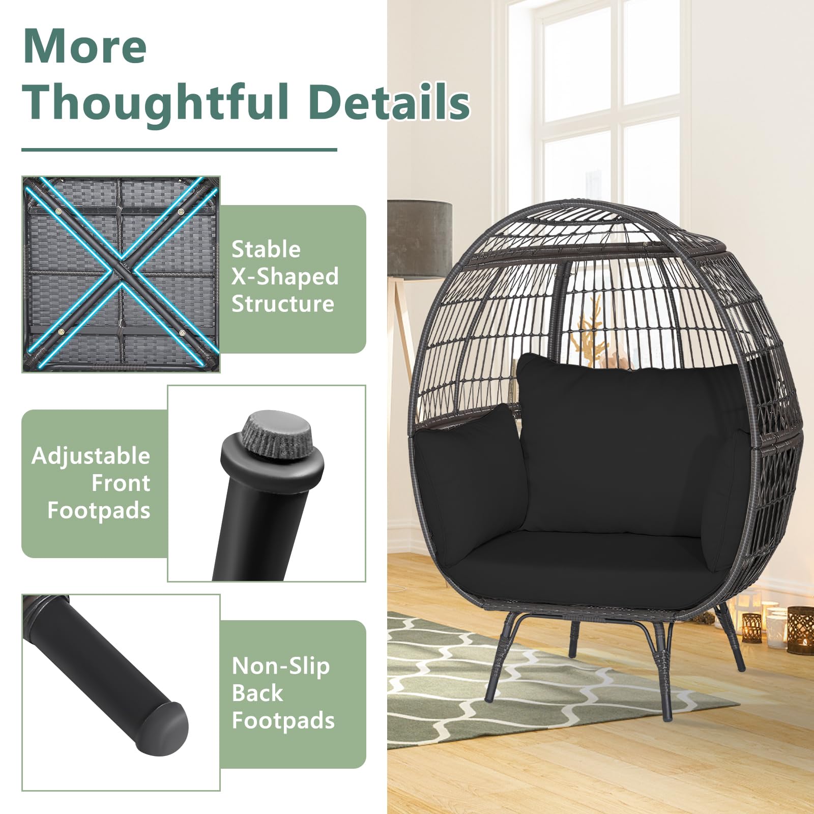 MAT EXPERT Oversized Egg Chair, Wicker Patio Basket Circle Lounge Chair w/Metal Stand & 4 Thick Cushions, PE Rattan Egg Lounger Outdoor Indoor for Backyard, Balcony, Living Room (Black)