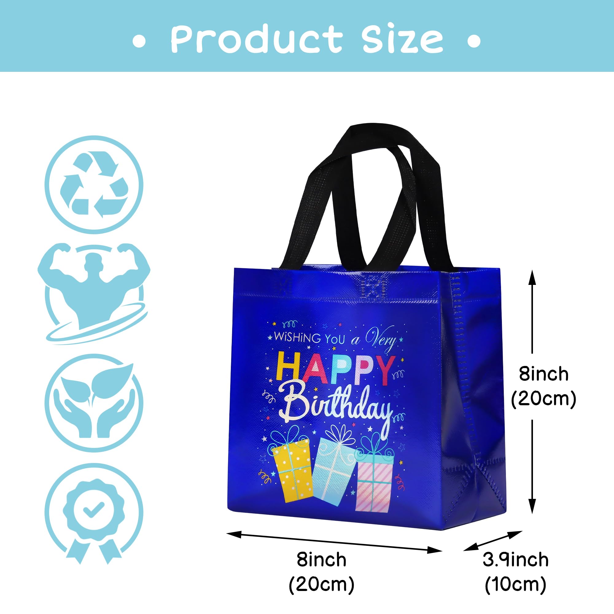 cabzymx 18 Pcs Multicolor Small Birthday Gift Bags Set with 9 Colors, Funny Gift Design Reusable Birthday Presents Bags Bulk with Bases, 8 x 3.9 x 8 In Party Goodie Bags for Baby, Girls, Boys