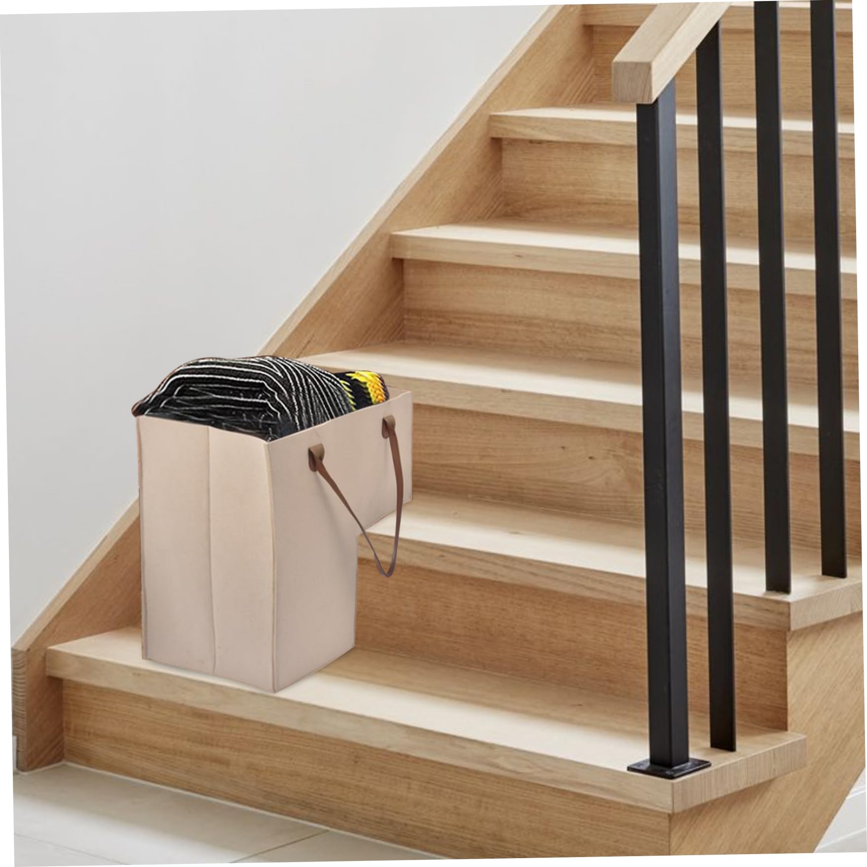 Lawnrden Stair Basket,L-Shape Felt Staircase Basket Leather Handles,Foldable Step Basket,Stair Baskets for Carpeted Stairs, Wooden Stairs - 16.5x16.5x9.8