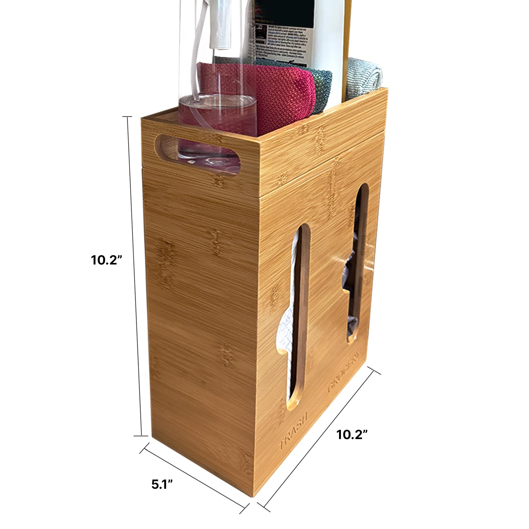 Trash and Grocery Bag Dispenser - Bamboo Trash Bag Dispenser - Under Sink Storage Organizer - Trash Bag and Grocery Bag Holder - Garbage Bag Organizer - Kitchen Trash Bag Organizer - Sink Organizer