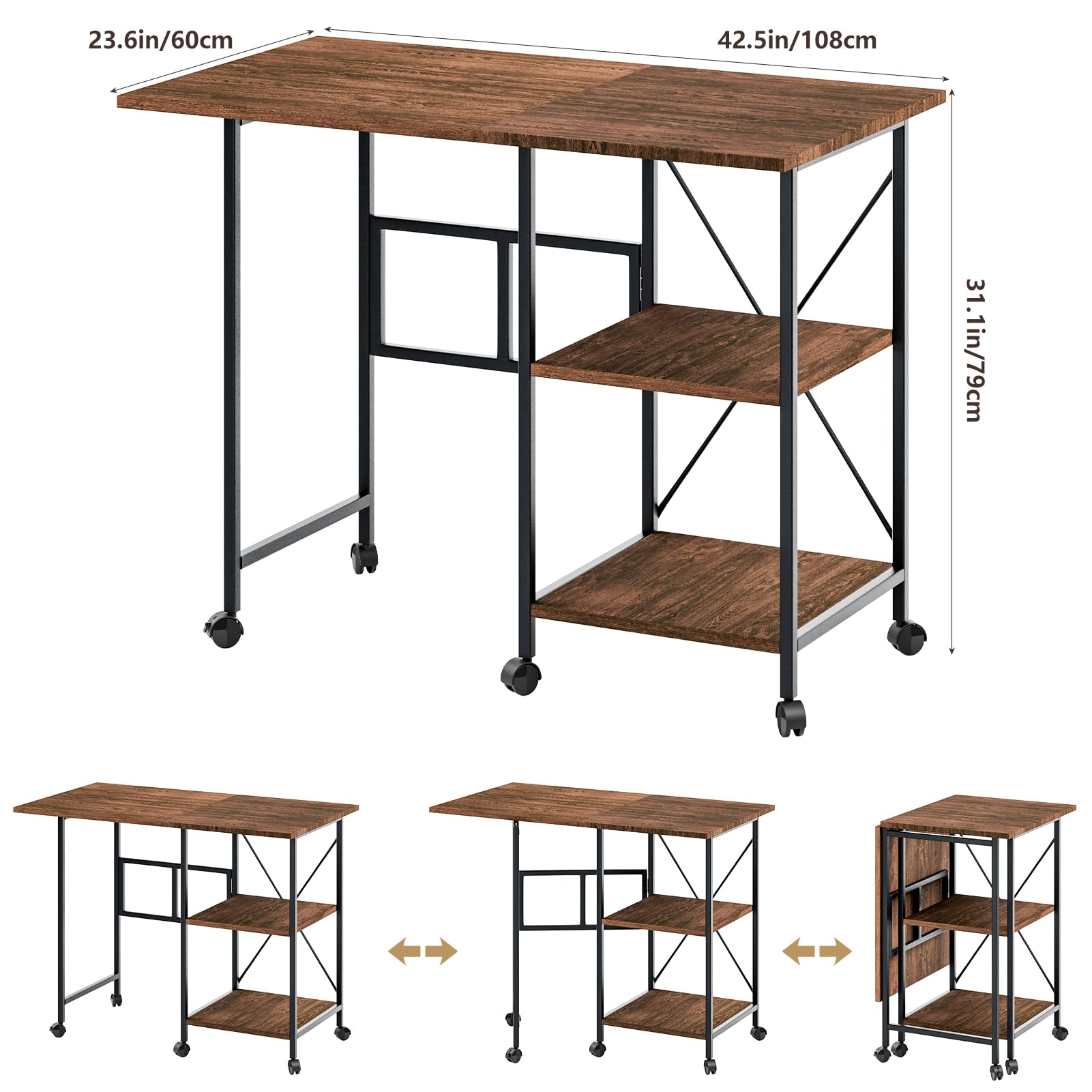 leasote 32 Inch Office Desk, Folding Computer Desk with Drawers, Home Office Desk Gaming Desk with Bookshelf Design, Small Computer Desk with Casters, Rolling Desk Laptop Cart Brown