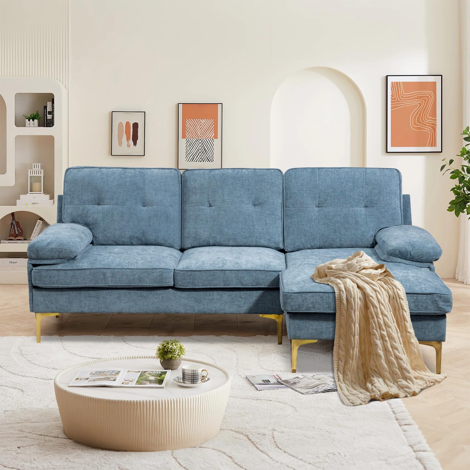 RIHEREFY 84'' L Shaped Couch with Chaise, L Shape Sectional Couch with Metal Legs, 3-Seat Sofa with Reversible Chaise, Mid Century Modern Couch for Living Room, Bedroom, Apartment(Blue)