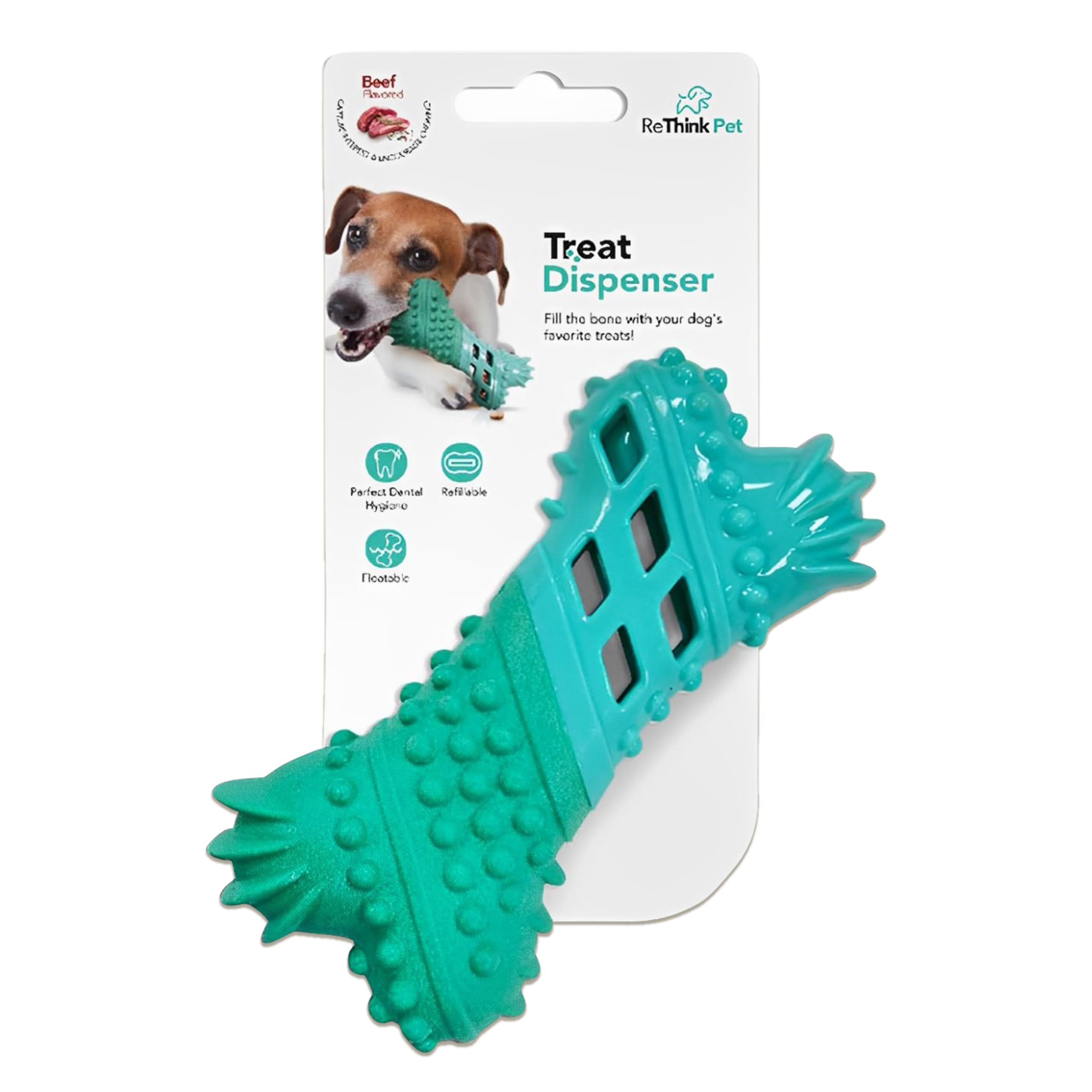 ReThink Pet Treat Dispenser Bone Toy, Beef Flavored Rubber Dog Treat Toy, Floatable Dog Enrichment Toys, Refillable Interactive Treat Dispensing Dog Toys for Boredom