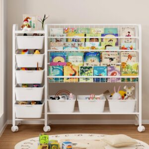 experlam kids bookshelf with toy storage organizer, 48 inch large metal kids book rack with 8 toy storage bins, 2-in-1 toy and book organizer with wheels, book shelf for kids room, nursery, playroom