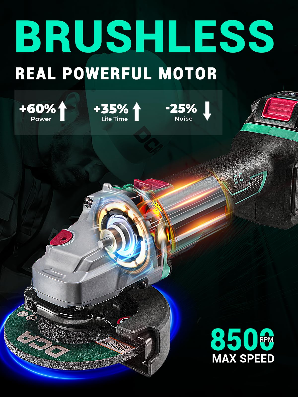 DCA Cordless Angle Grinder 20V 4-1/2 inch, 4.0Ah Battery & 2A Fast Charger, 8500RPM Brushless Motor, Power Angle Grinder with Cutting & Grinding Wheels, Flap Discs for Wood Metal & Rust Removal