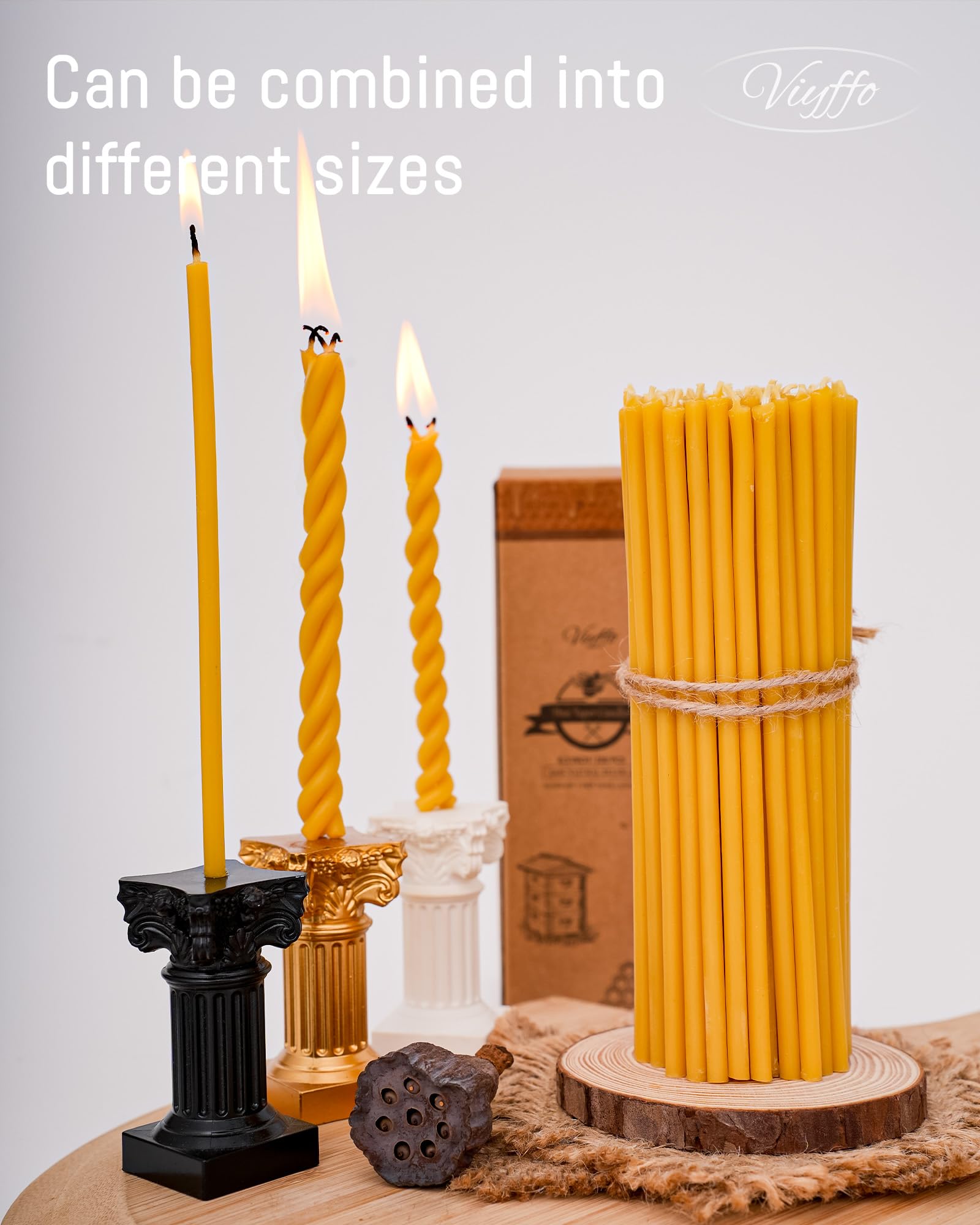 Viyffo 6.3 Inch Natural Beeswax Taper Candles Set of 100 Unscented, Dripless, Smokeless Thin Tapered Candlesticks for Church Prayer, Decor, Birthday, 6.3”x0.2”