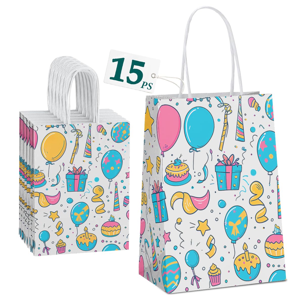 OTURGC Gift Bags 15 Pcs 5.9X3.1X8.2 Paper Bags with Handles bulk,Party Favor Bags Birthday Wedding Mother's Day gift bags Small Paper Shopping Bags,Colorful Retail bags (Balloons)