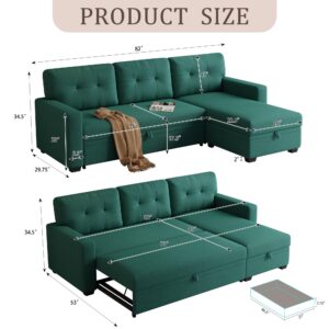 Acosure 82" Pull Out Couch with Storage Chaise,L-Shape Sectional Sofa Bed W/Tufted Backrest,3 Seater Convertible Sleeper for Living Room Apartment Office,Green