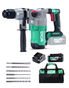 dca 20v max brushless rotary hammer drill, 4.5 joule, 3800bpm, 1-1/8 inch sds-plus, cordless heavy duty rotary hammer drill, 5.0ah battery, 4a fast charger, safety clutch, 4 drill bits and 2 chisels