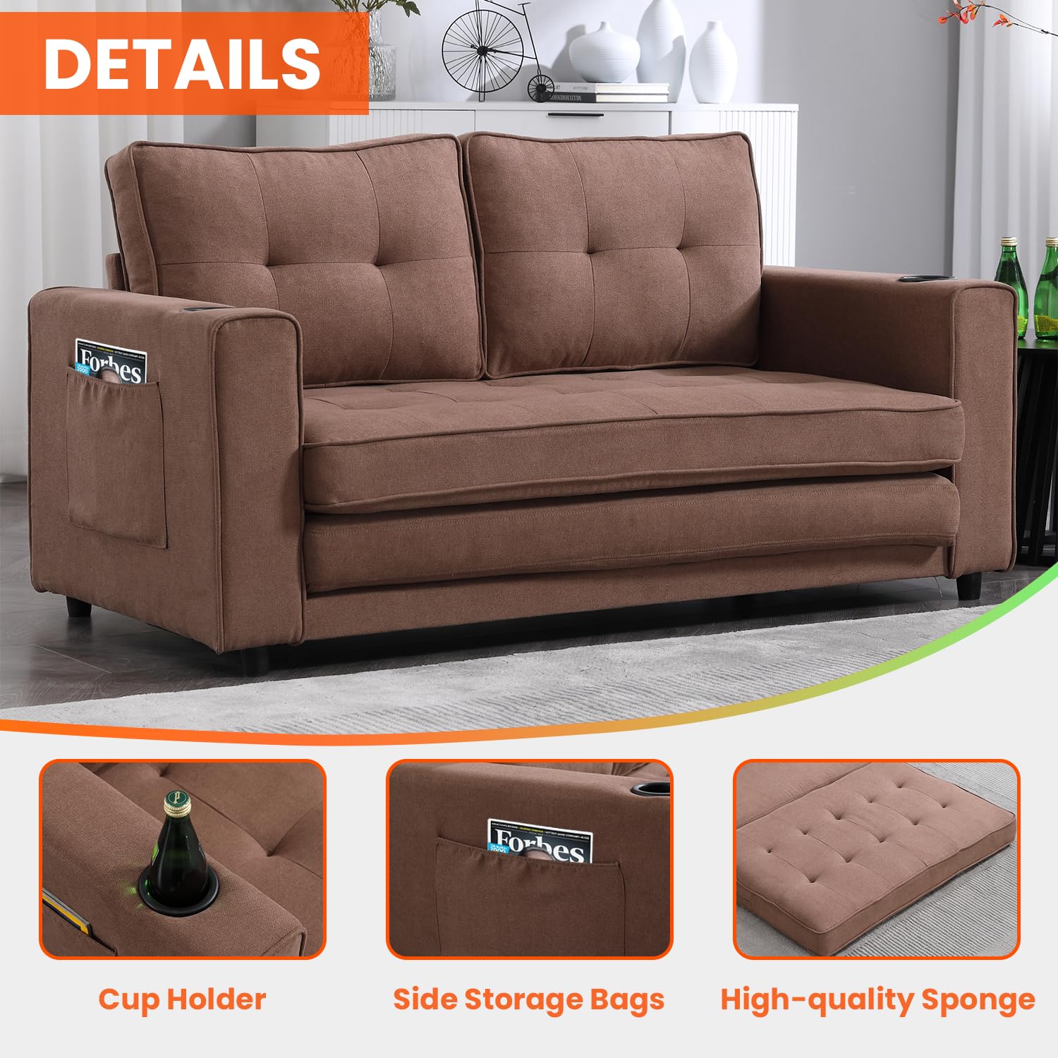 Cyranture Pull Out Sleeper Loveseat Foldable Tufted 3-in-1 Upholstered Futon Sofa Bed for Living Room Convertible Floor Couch Folding Mattres Love Seat with Side Pockets Cup Holder,Brown