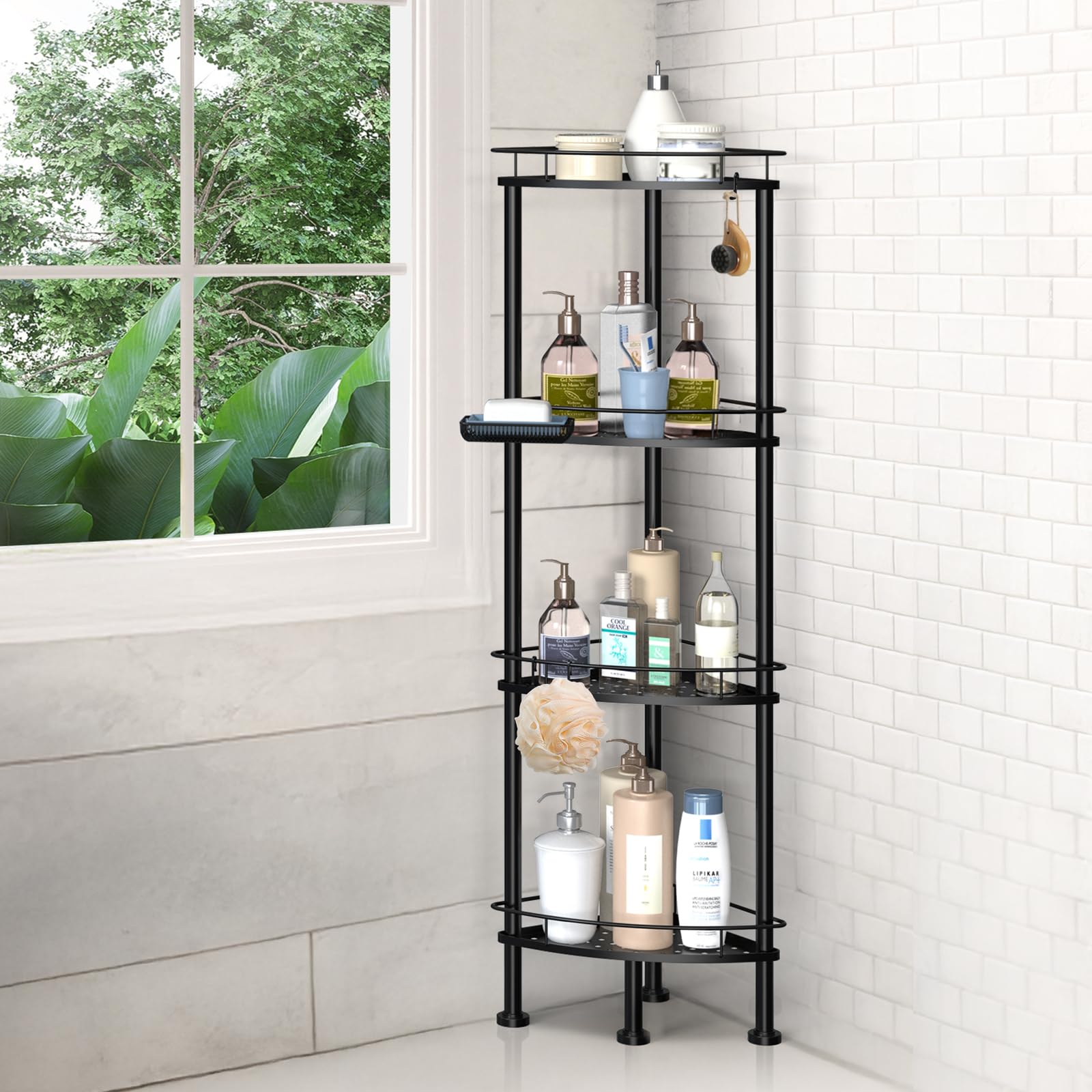 OGEMXU Corner Shower Caddy Stand, 4 Tier Shower Organizer Corner for Bathroom Shampoo Storage, Unshakable Sturdy Floor Shower Shelf with Soap Holder, Rustproof Metal Stand with 4 Hooks, Black