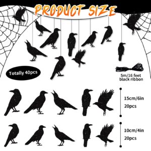 40pcs Glitter Black Crow Halloween Decorations Bird Raven Hanging Banners for Gothic Halloween Garland Backdrop Centerpiece Halloween Wall Cutouts for Horror Theme Birthday Wedding Yard Party Supplies