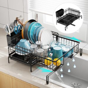 gslife expandable dish drying rack with drainboard - anti-rust 2-in-1 sink dish racks for kitchen counter and sink, dish drainer with pan slot and utensil holder for rv and apartment, black