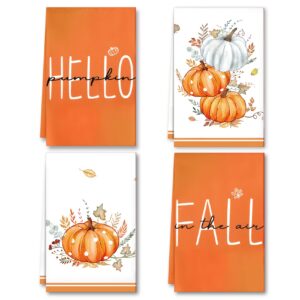 korlon tec 4 pack fall kitchen towels, hello pumpkin fall dish towels, 18x26 inch farmhouse fall hand towels for kitchen home harvest autumn thanksgiving decorations