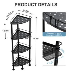 OGEMXU Corner Shower Caddy Stand, 4 Tier Shower Organizer Corner for Bathroom Shampoo Storage, Unshakable Sturdy Floor Shower Shelf with Soap Holder, Rustproof Metal Stand with 4 Hooks, Black