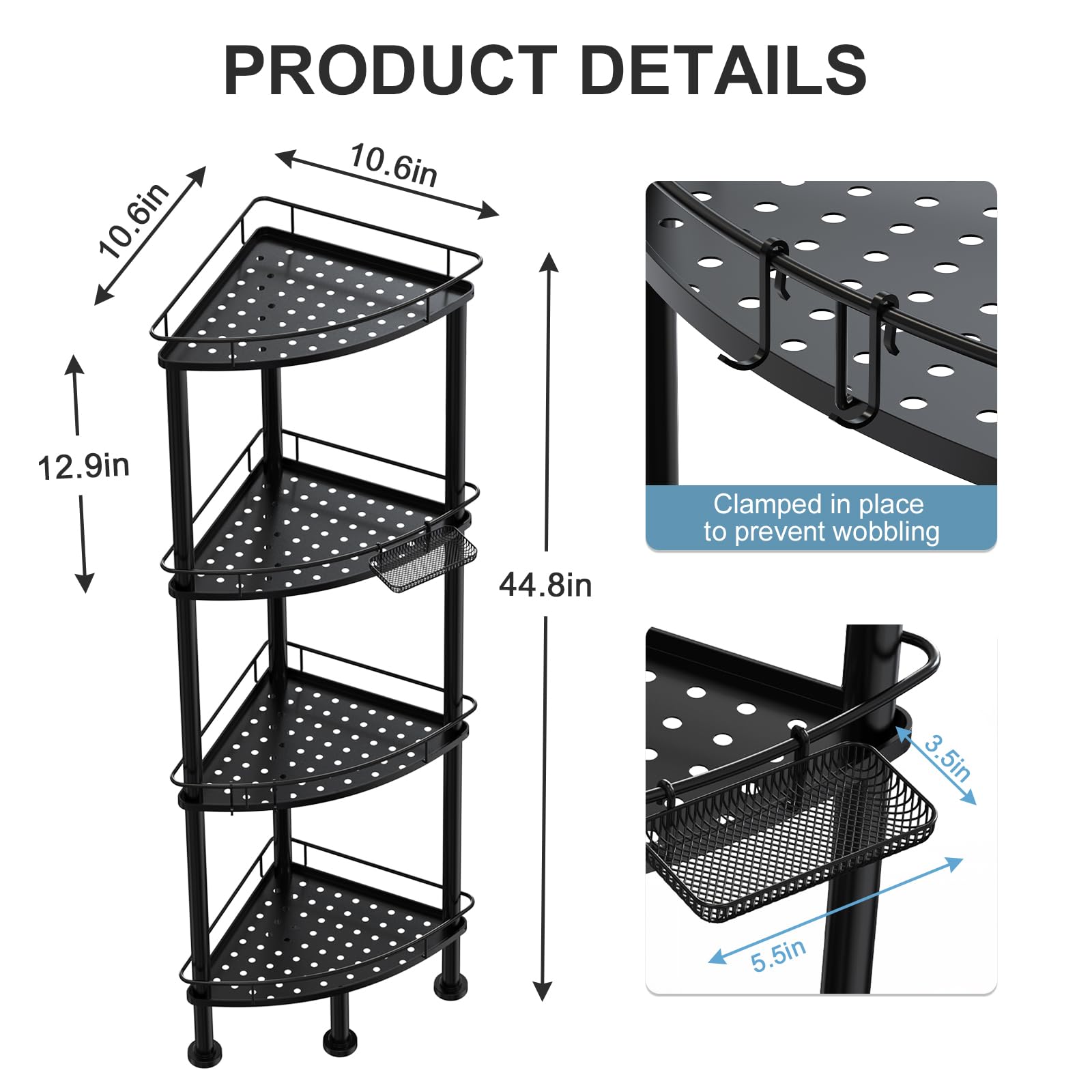 OGEMXU Corner Shower Caddy Stand, 4 Tier Shower Organizer Corner for Bathroom Shampoo Storage, Unshakable Sturdy Floor Shower Shelf with Soap Holder, Rustproof Metal Stand with 4 Hooks, Black