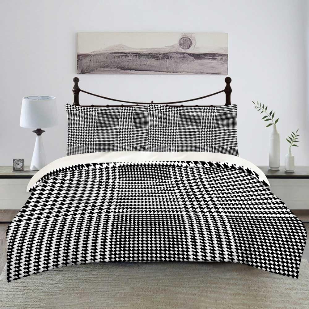 Fullentiart Duvet Cover Queen Size Houndstooth Pattern End Glen Plaid Check Seamless Black Queen Size Duvet Boho Duvet Cover (90"X90", 2 Pillow Covers)