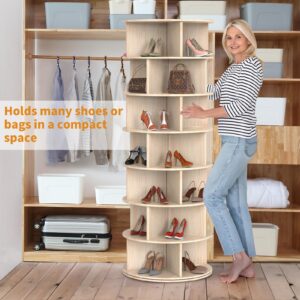 ZORA-KING 7 Tier Rotating Shoe Rack Tower, Solid Wood Spinning Shoe Display Lazy Susan, 360° Revolving Free Standing Shoes Closet Handbag Organizers (67 H* 23.6" W * 23.6" D)