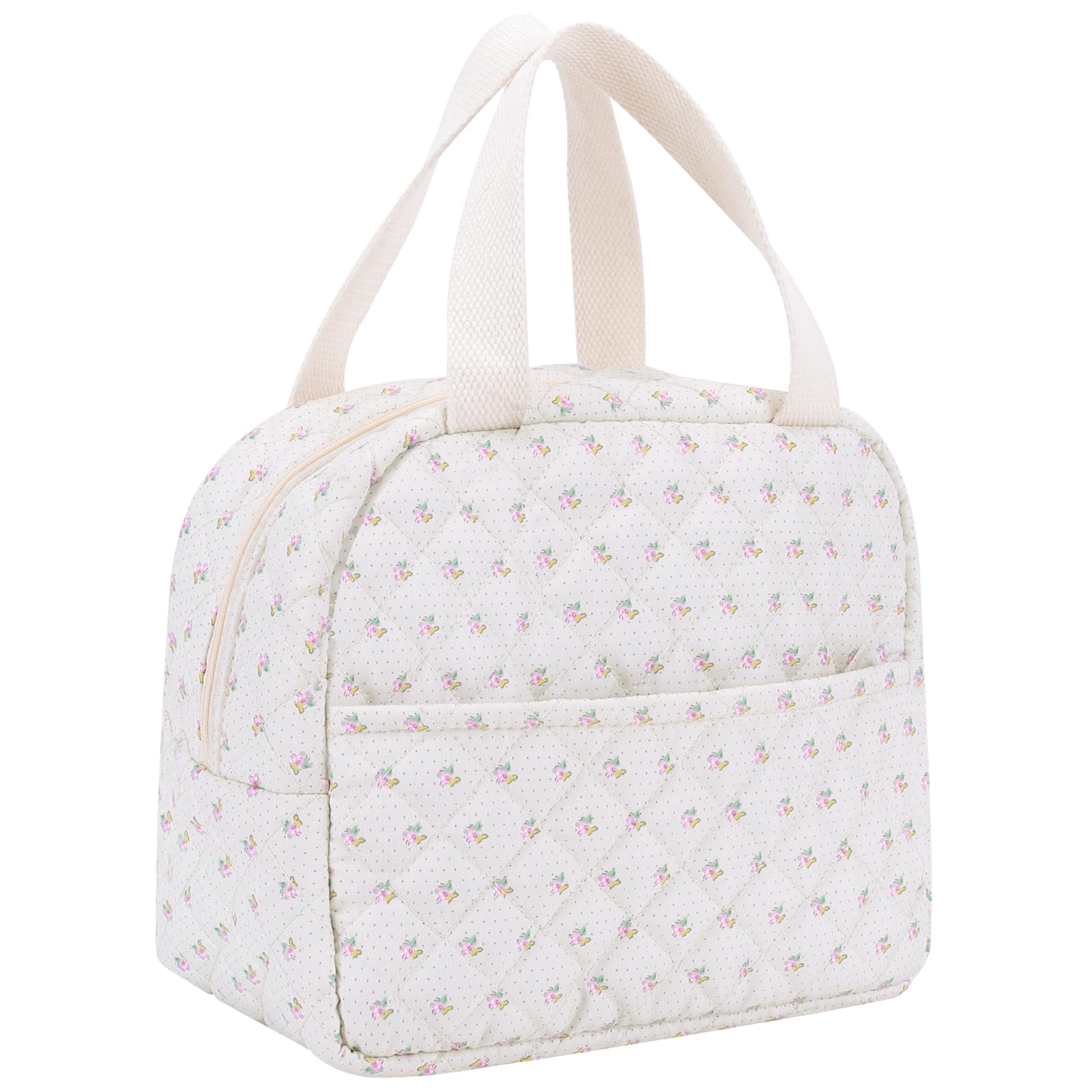 BBIQI Cute Lunch Box for Women Small Floral Lunch Box Quilted Lunch Tote Bag With Front Pocket Insulated Lunch Bag for Work Study