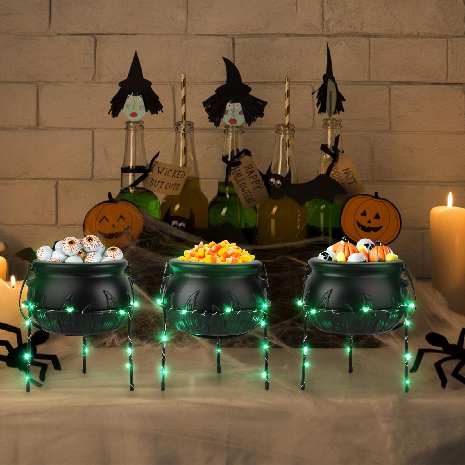 Atiloy Halloween Decor Witches Cauldron Set of 3 Witches Cauldron Serving Bowls on Stand Black Plastic Halloween Punch Bowl Candy Snack Food Dishes for Indoor Outdoor Home Kitchen Party Supplies