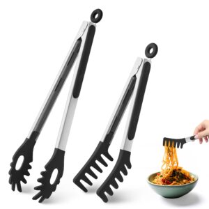 2 pcs pasta tong spaghetti tongs, 9-inch & 12-inch pasta server utensil pasta tong silicone pasta tongs with teeth silicone tongs for serving food, spaghetti noodle, pasta (black)