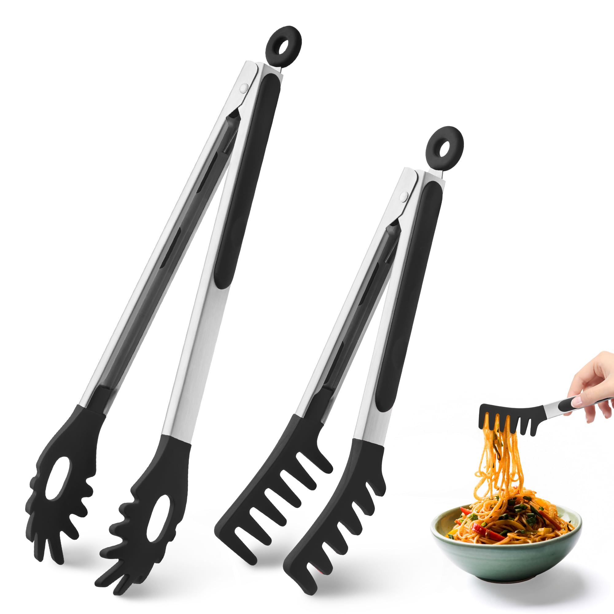 2 PCS Pasta Tong Spaghetti Tongs, 9-Inch & 12-Inch Pasta Server Utensil Pasta Tong Silicone Pasta Tongs With Teeth Silicone Tongs for Serving Food, Spaghetti Noodle, Pasta (Black)