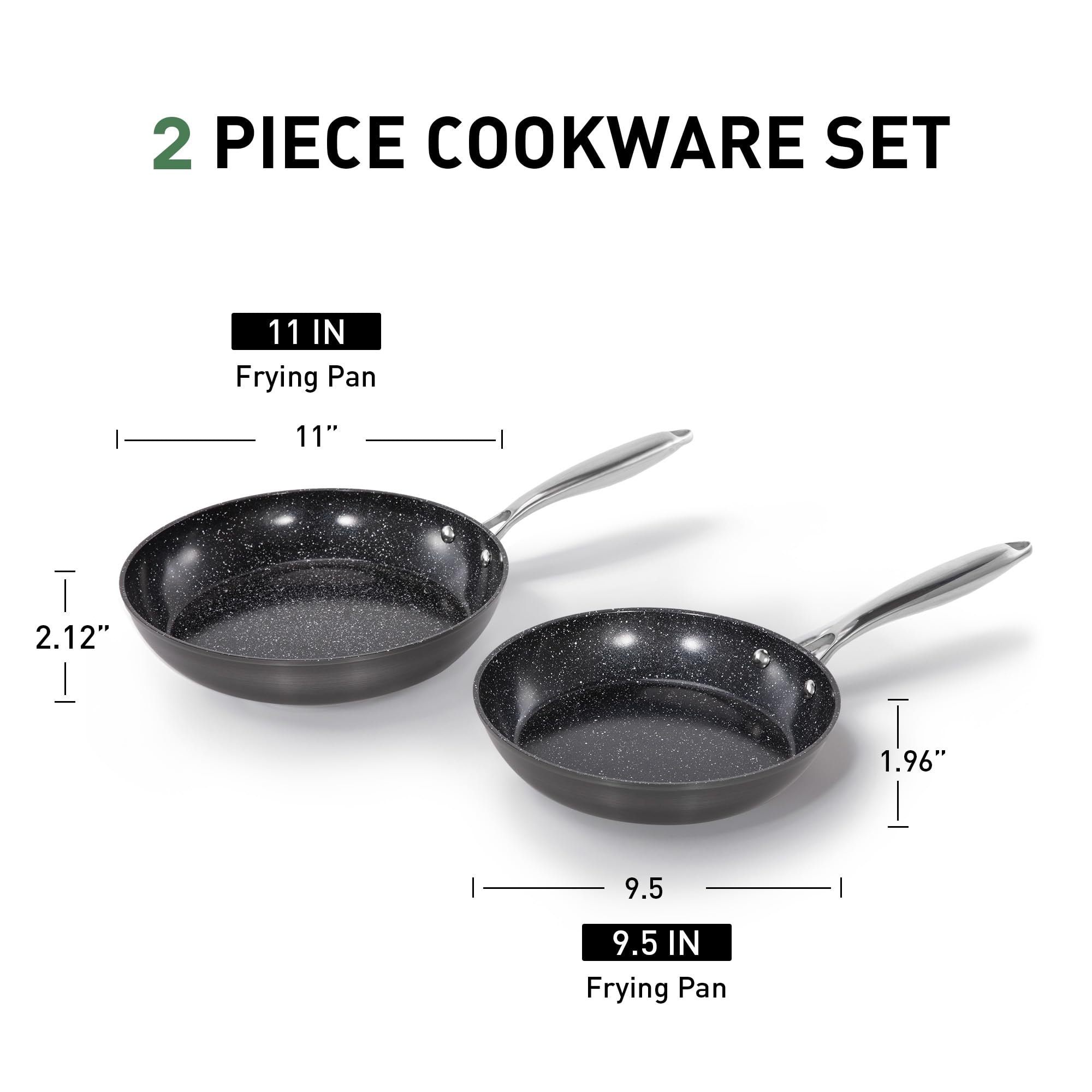 Kitchen Academy Hard Anodized Ceramic Nonstick Frying Pan Set 2 Piece - 9.5“ & 11” Egg Omelet Skillet, Ergonomic Stay-Cool Handles, Induction-Ready & Works on All Cooktops