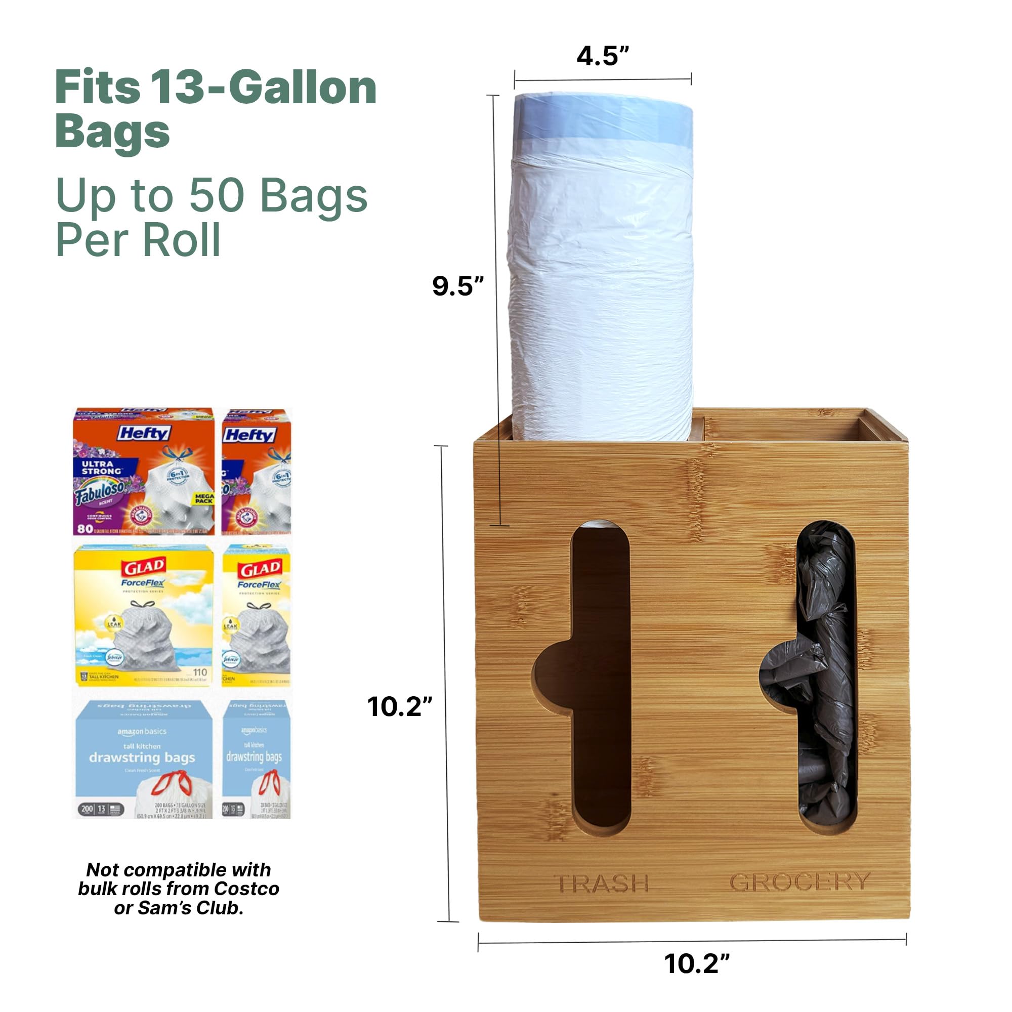 Trash and Grocery Bag Dispenser - Bamboo Trash Bag Dispenser - Under Sink Storage Organizer - Trash Bag and Grocery Bag Holder - Garbage Bag Organizer - Kitchen Trash Bag Organizer - Sink Organizer