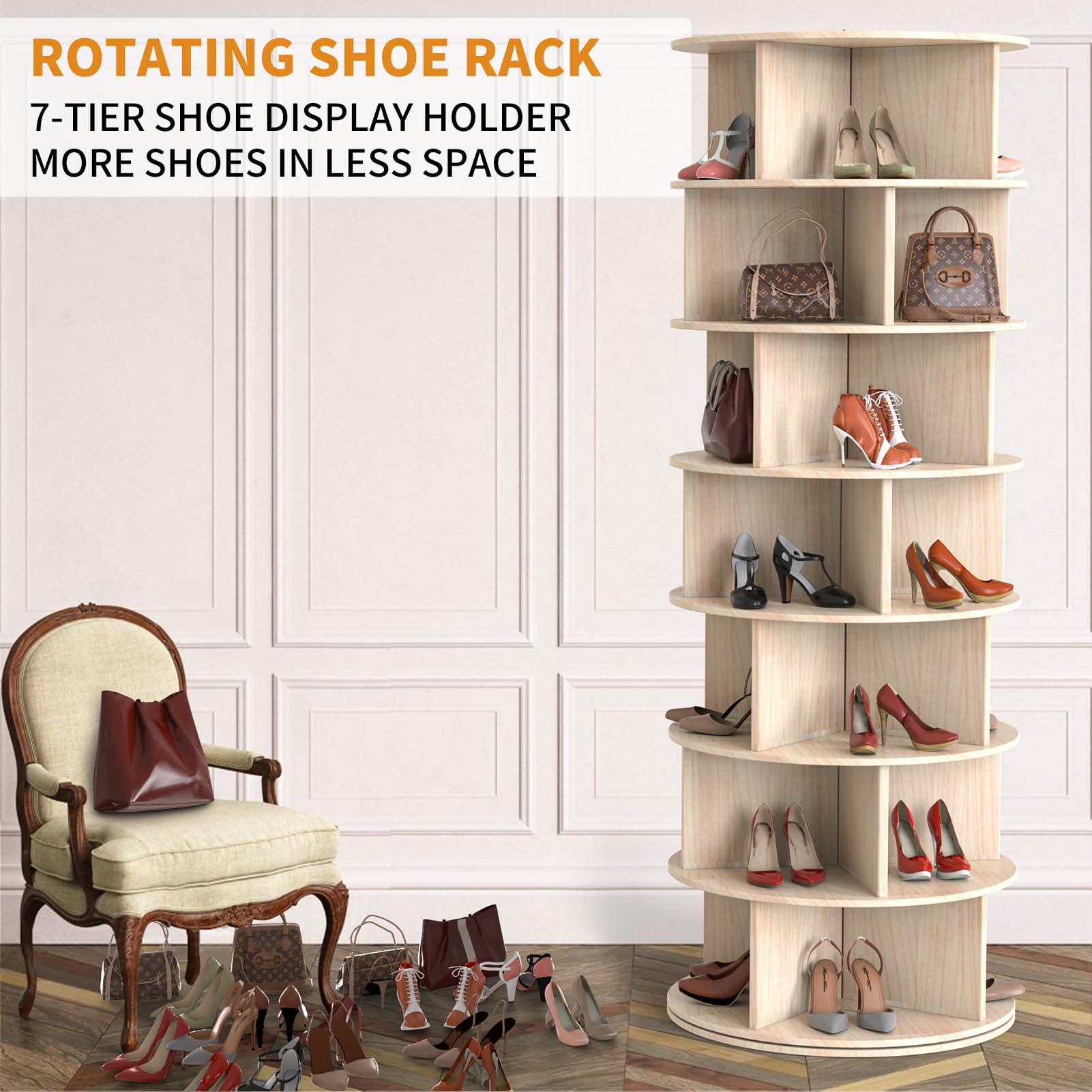 ZORA-KING 7 Tier Rotating Shoe Rack Tower, Solid Wood Spinning Shoe Display Lazy Susan, 360° Revolving Free Standing Shoes Closet Handbag Organizers (67 H* 23.6" W * 23.6" D)