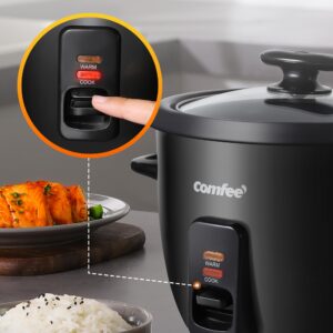 COMFEE' Rice Cooker, 6-Cup Cooked/3-Cup Uncooked, Removable Non-Stick Bowl, for Soups, Stews, Grains&Oatmeal, One Touch, Black