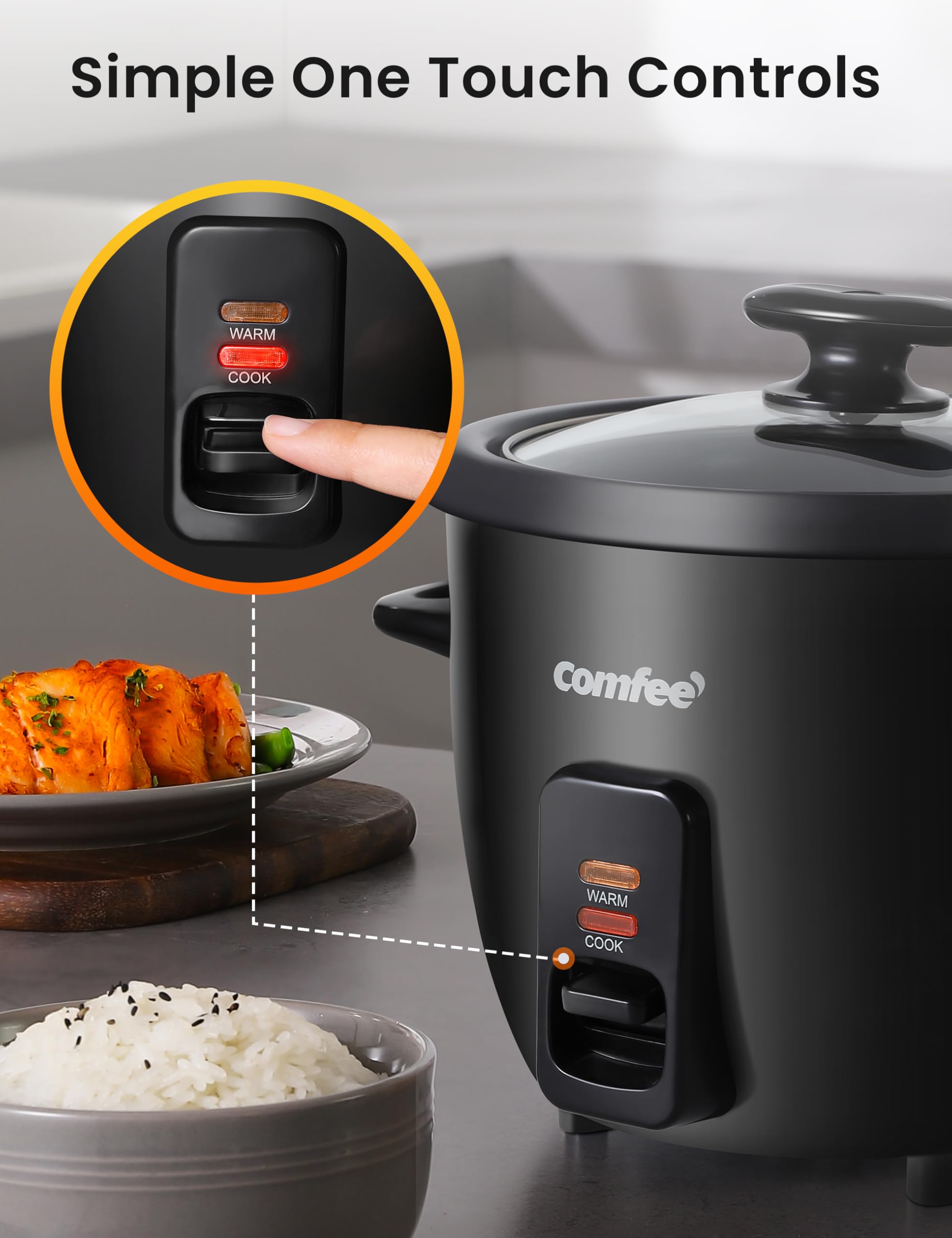 COMFEE' Rice Cooker, 6-Cup Cooked/3-Cup Uncooked, Removable Non-Stick Bowl, for Soups, Stews, Grains&Oatmeal, One Touch, Black