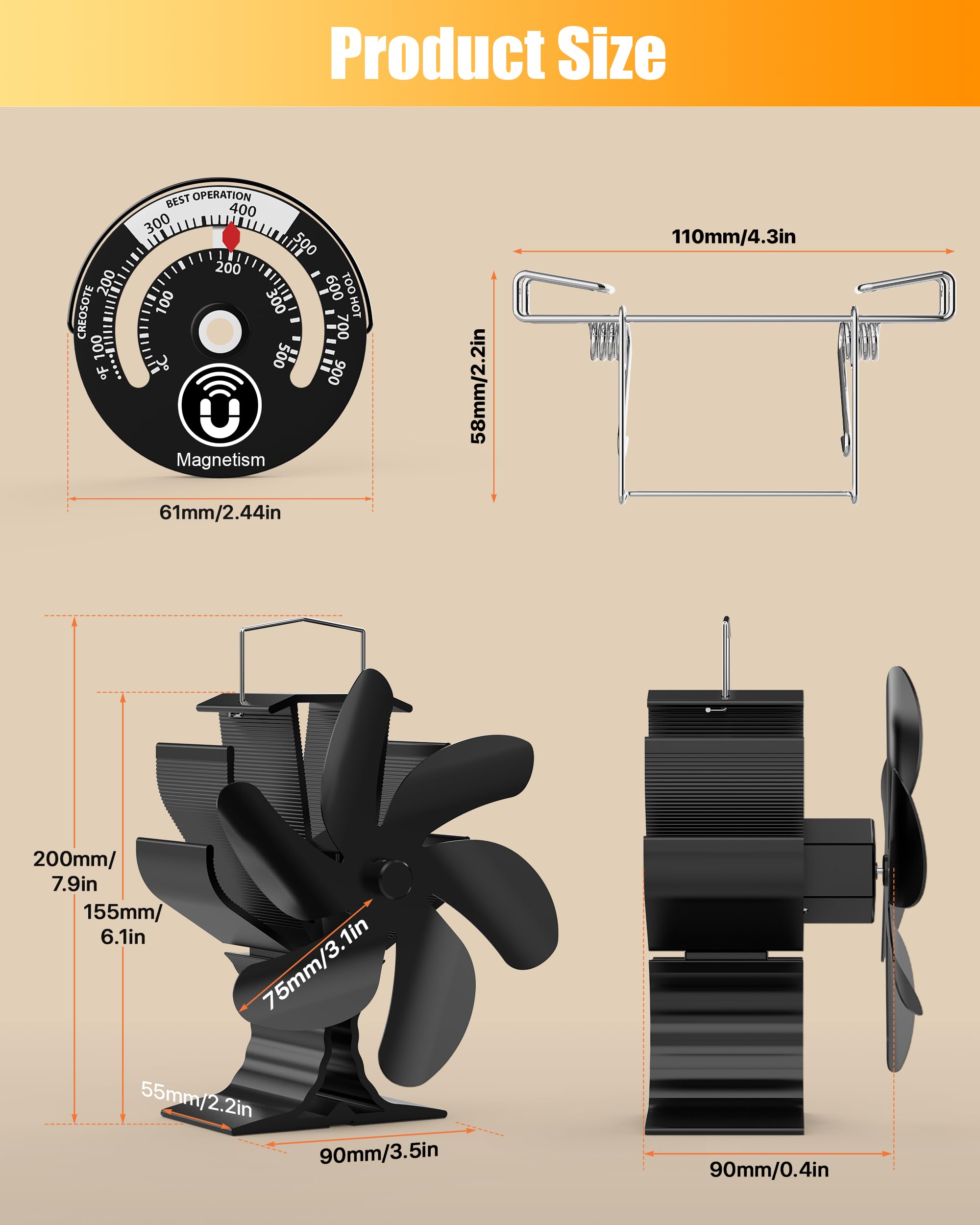 HIDALIFE Wood Stove Fan for Heater, Heat Powered Fireplace 6 Blades Fan with Bracket Compatible for Mr Buddy Heater,Thermal Tent Heater Fan for Camping Propane Heater with Magnetic Thermometer