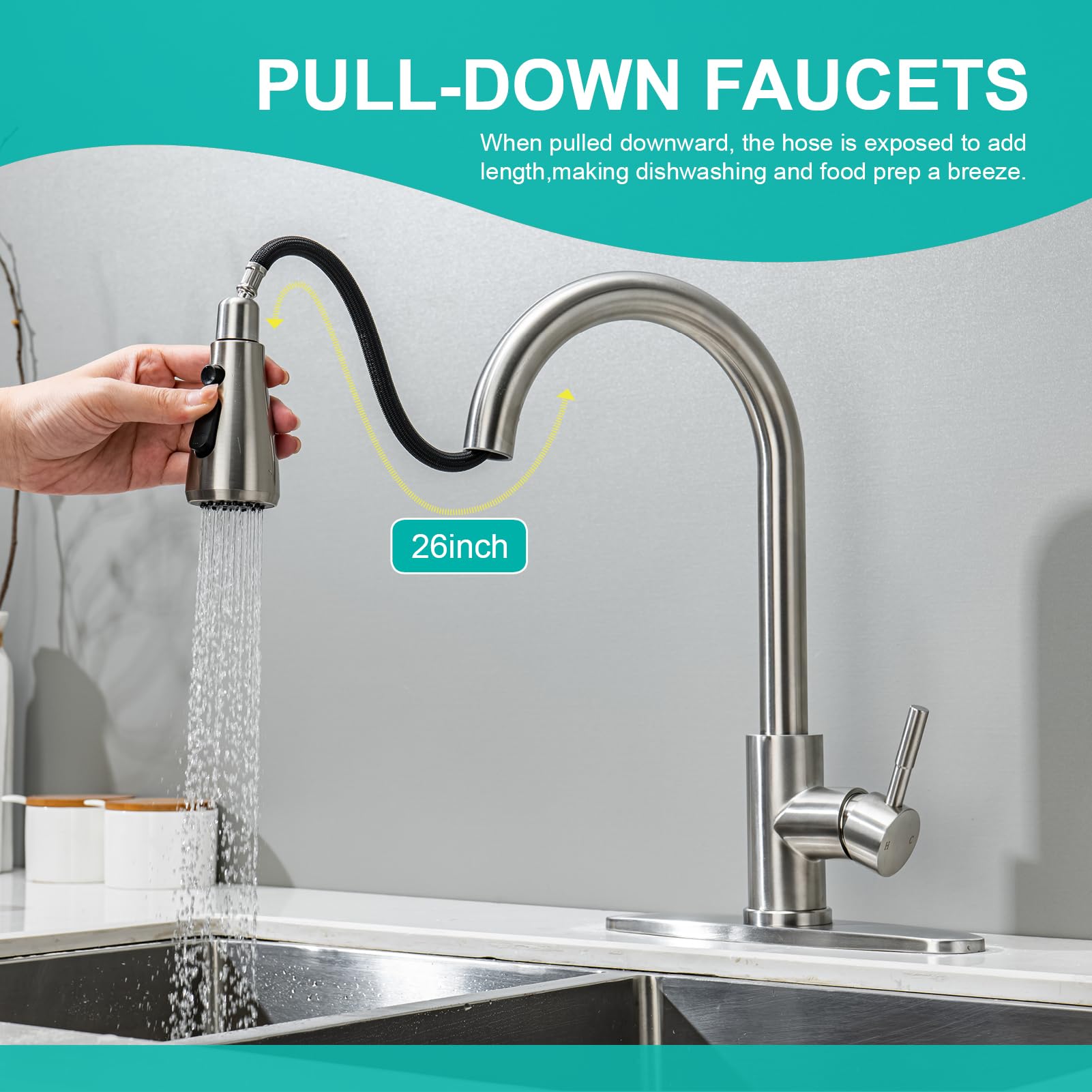 Kitchen Faucet with Pull Down Sprayer Kitchen Sink Faucets Stainless Steel Pull Out Kitchen Faucets Single Handle Deck Mount Brushed Nickel Kitchen Sink Faucets for Farmhouse Camper RV Laundry