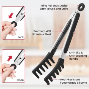 2 PCS Pasta Tong Spaghetti Tongs, 9-Inch & 12-Inch Pasta Server Utensil Pasta Tong Silicone Pasta Tongs With Teeth Silicone Tongs for Serving Food, Spaghetti Noodle, Pasta (Black)